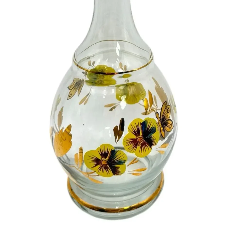 Vtg Romanian Hand Painted Crystal Floral Decanter & 5 Stemmed Glasses Yellow EUC